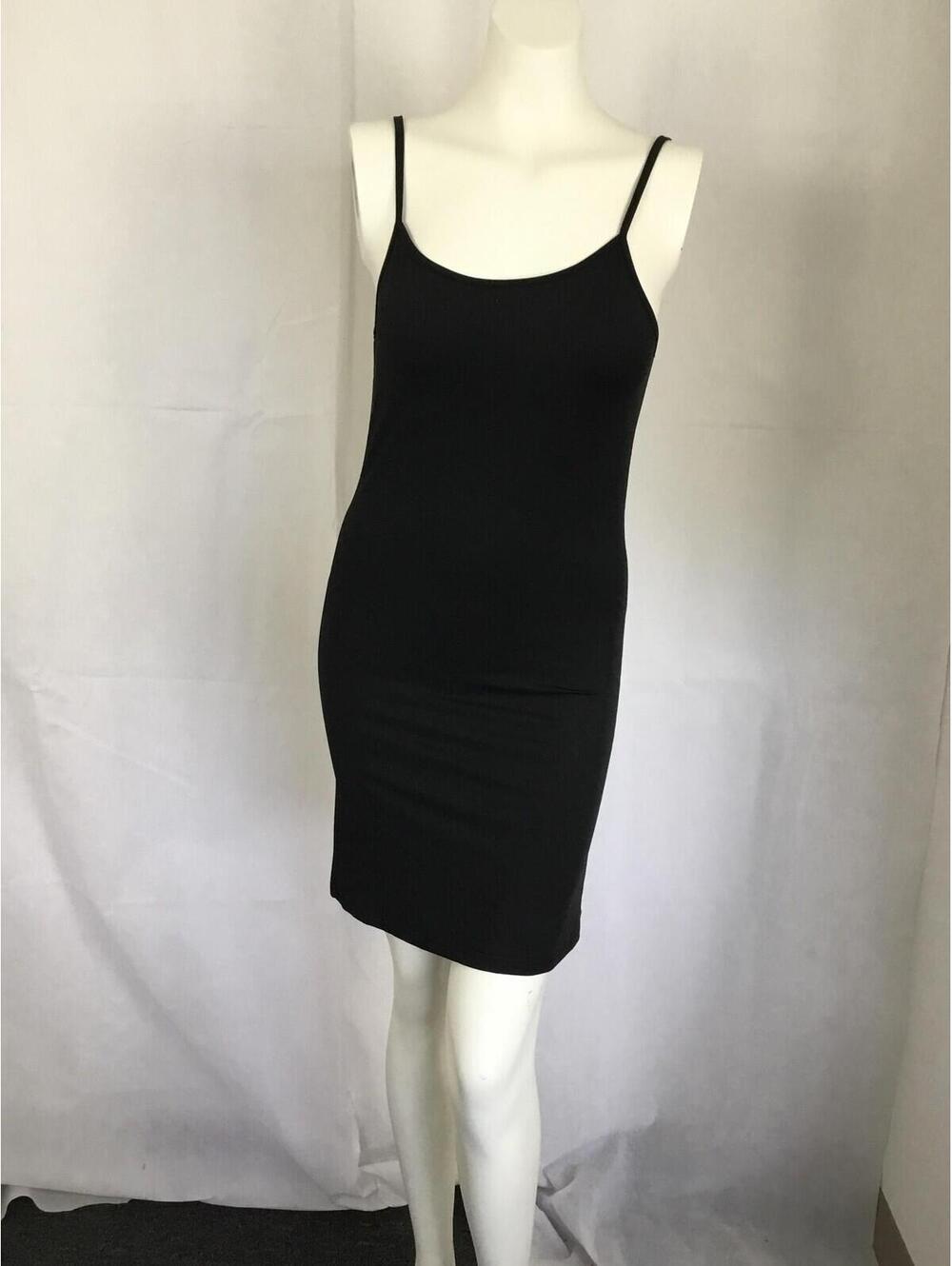 [389]Gracia Dress Womens S Black Bodycon Scoop Neck Slip Mini Spaghetti Strap